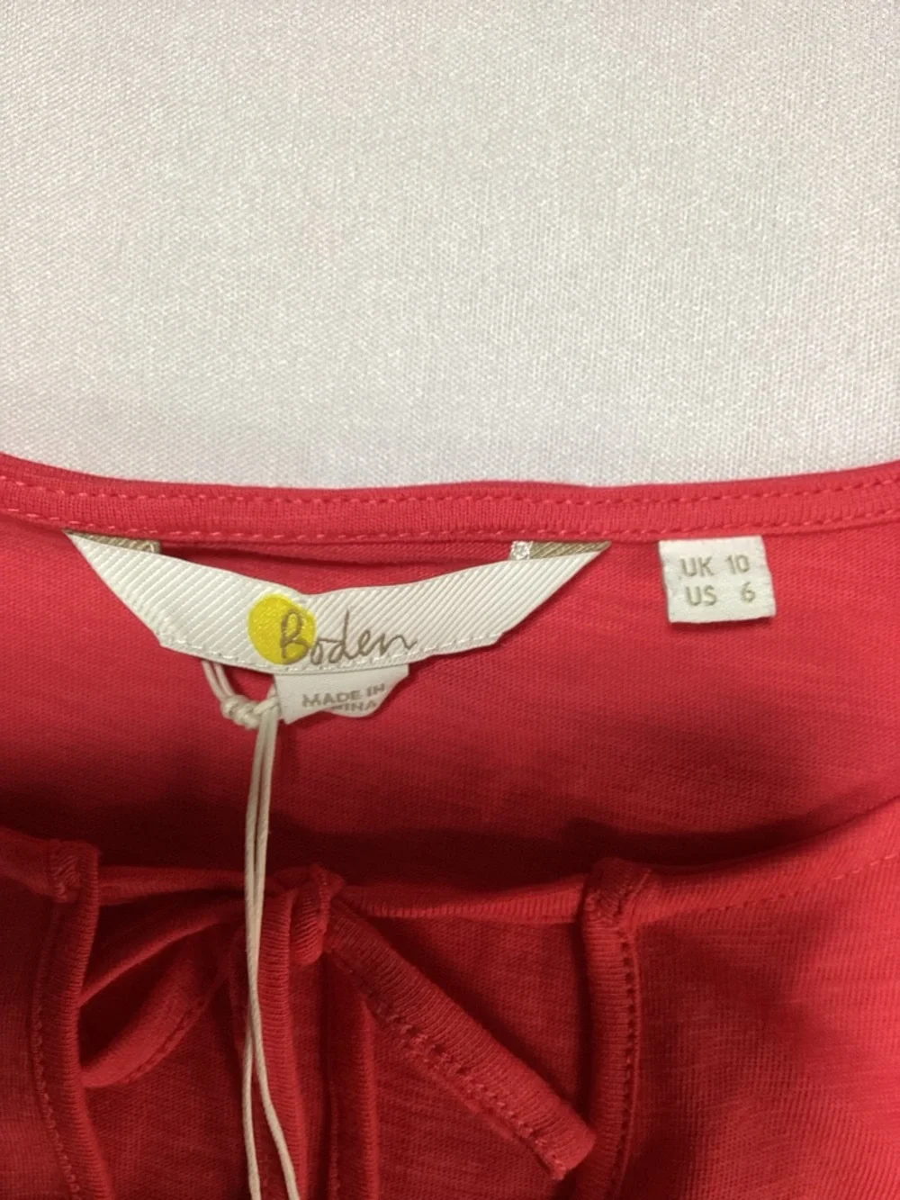 Boden Ayla Jersey Coral Tie-Neck Top with Scalloped Eyelet Trim - Picture 5 of 13